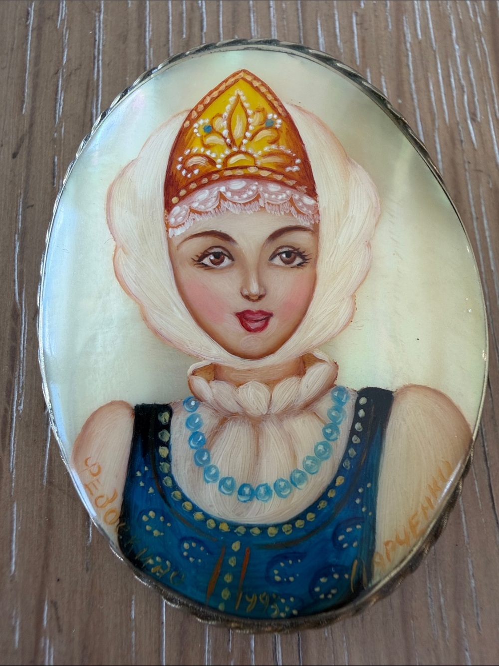 Vintage Russian Brooch Mother of Pearl Silver Tone Fedoskino Miniature Painting
